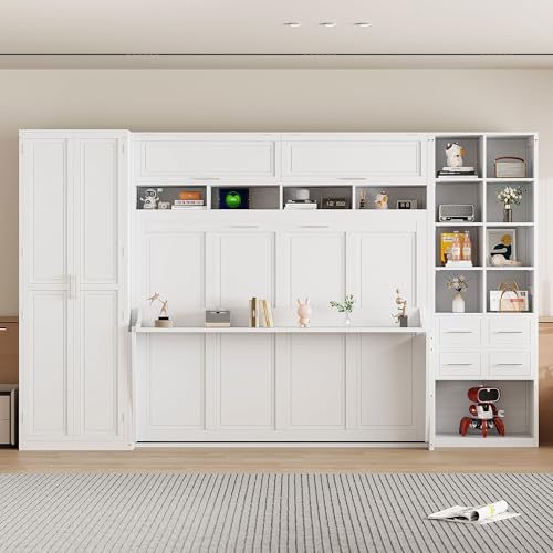 Merax Queen Murphy Bed with Tall 90.6" Closet Wardrobe & Shelves & Drawers, All-in-One Multi-Storage Side Flip Wood MDF Murphy Cabinet Bed Desk, Open/Close Hydraulically (White) Merax