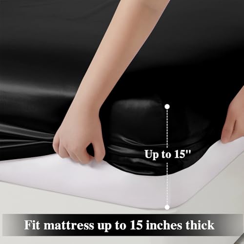 P Pothuiny 3-Piece Set Ruffle Satin Pillowcases & Queen Fitted Sheet, Luxury Black Satin Fitted Sheet Silky Soft Cute Bedding Bedroom Decor, Wrinkle Free, 15 Inch Deep Pocket P Pothuiny