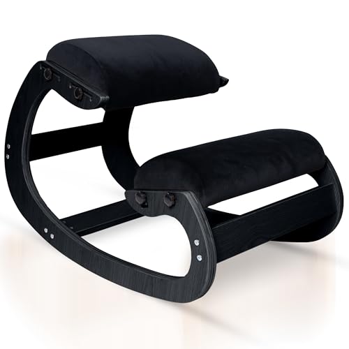 Ecordesk Ergonomic Kneeling Chair, Adjustable Seat - Office Chair for Desk, Posture Corrector, Premium Comfort Cushion, Wooden Rocking Knee Chair (Black Frame) Ecordesk