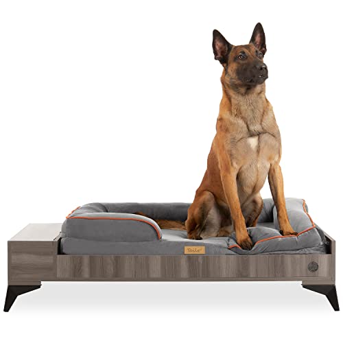 TailZzz Wooden Dog Bed with Mattress, Large to Extra Large Water-Resistant Elevated Pet Bed, Wooden Pet Bed with Storage, Greenguard Gold Certified, Machine Washable, Smokey Grey, Wyatt TailZzz