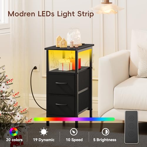 Vagusicc Set of 2 Black Nightstand with Charging Station and LED Lights, Narrow Side Table, LED Night Stand with 2 Fabric Drawers, Bedside Table Small End Table, Tall Nightstand for Bedroom, Black Vagusicc