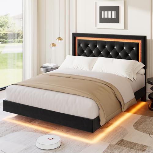 Garvee Floating Bed Frame Queen Size with Smart Led Lights, Upholstered Platform Bed with Diamond Headboard, Solid Wood Slats Support, No Box Spring Needed, Noise-Free, Easy Assembly, Black Garvee