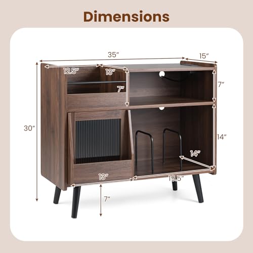Giantex Large Record Player Stand with LED Light, Mid Century Modern Turntable Stand w/Sliding Door, Charging Station & Solid Wood Leg, Record Player Table, Vinyl Record Storage for Living Room, Walnut Giantex