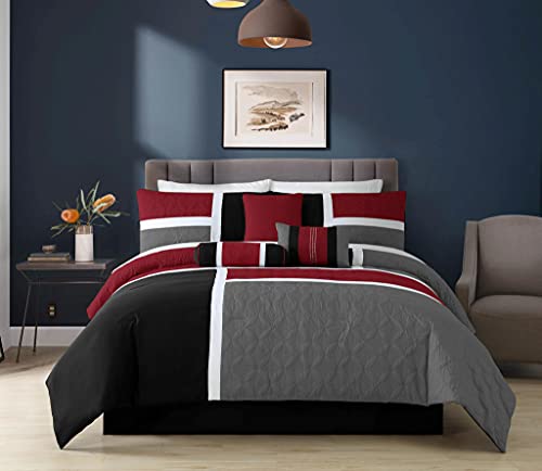 Chezmoi Collection 7-Piece Quilted Patchwork Comforter Set, Red/Gray/Black, Queen Chezmoi Collection
