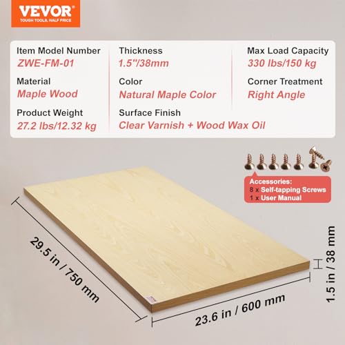 VEVOR Wood Table Top, 29.5" x 23.6" x 1.5", 330lb Load Capacity, Universal Solid One-Piece Maple Wood Desktop for Height Adjustable Electric Standing Desk Frame, Rectangular Countertop for Home Office VEVOR