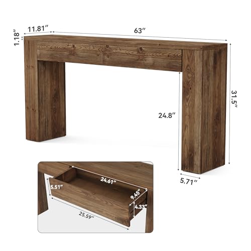 LITTLE TREE Sofa Table with 2 Drawers, 63 Inches Extra Long Console Table, Solid Wood Sofa Table Behind Couch, Large Entryway Hallway Foyer Tables for Living Room, Entrance, Rustic Brown LITTLE TREE