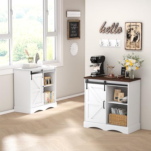 HOMFAMILIA 31.5" H Farmhouse Coffee Bar Cabinet w/Storage, White Kitchen Sideboard Buffet Cabinet with Sliding Barn Door, Rustic Accent Console with Adjustable Shelves, for Kitchen, Living Room HOMFAMILIA