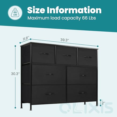 OLIXIS 7 Drawers Dresser for Bedroom, Fabric Storage Tower for Living Room, Entryway - Sturdy Steel Frame, Wooden Top & Easy Pull Fabric Bins, Closet Chests Organizer for Clothes, Black OLIXIS