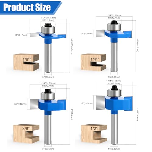 4PCS 1/4 Inch Shank Rabbet Router Bits with 6 Bearings Set (1/16", 1/8", 3/16", 1/4", 5/16", 3/8" Bearings) for Wood Grooving, Interchangeable Bearings with 1/2" to 1/4" Router Collet Xishuihe