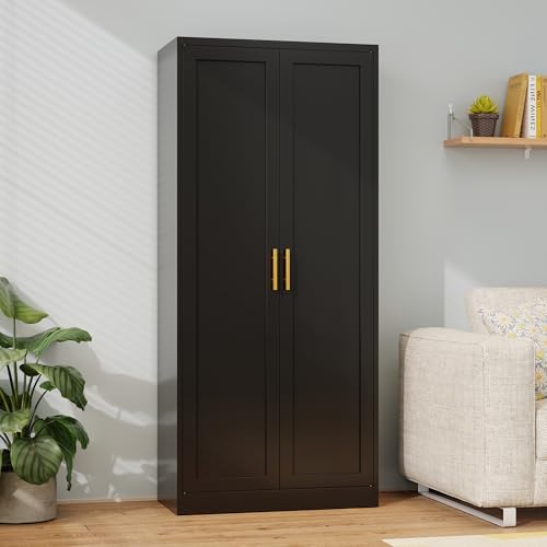 Metal Kitchen Pantry Cabinet, 71"Tall Cabinet with 2 Doors and 4 Adjustable Shelves, Pantry Cabinets for Kitchen Storage, Metal Storage Cabinet for Kitchen, Dining Room, Living Room and Bathroom-Black Wanfu