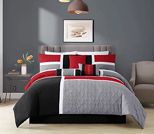 Chezmoi Collection 7-Piece Quilted Patchwork Comforter Set, Red/Gray/Black, Queen Chezmoi Collection