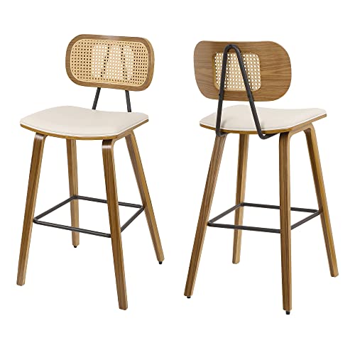 Mid-Century Modern 26" Cream White Bar Stools Set of 2 with Rattan Back Bekrvio