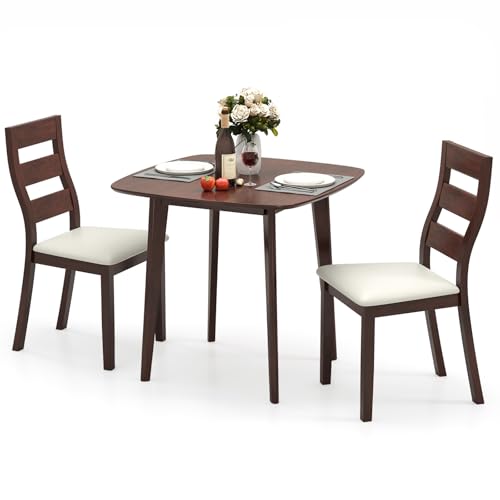 Tangkula Compact Dining Table Set for 2, Wooden Round Kitchen Table & 2 Chairs with Cushioned Seats, 3-Piece Dining Set for Small Spaces, Kitchen, Living Room Tangkula