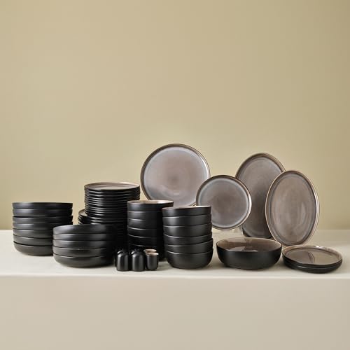 Karaca Mercure 59 Piece Stoneware Plates and Bowls Set, Reactive Glaze Black Dinner Set, Complete Kitchen Tableware Collection, Ideal Dinnerware for 12 People Dining Experience, Dishwasher Safe KARACA