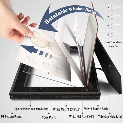 5x7 Picture Frame Set of 4 with 2 Mats, Black Rustic Farmhouse Photo Frames with Tempered Glass, 4x6 and 3.5x5 with Mat or 5x7 without Mat for Wall Hanging or Tabletop Display, Home Gallery Decor Gift Patouque