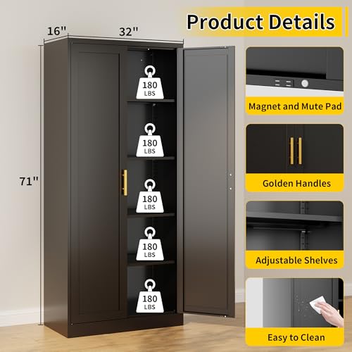 Metal Kitchen Pantry Cabinet, 71"Tall Cabinet with 2 Doors and 4 Adjustable Shelves, Pantry Cabinets for Kitchen Storage, Metal Storage Cabinet for Kitchen, Dining Room, Living Room and Bathroom-Black Wanfu