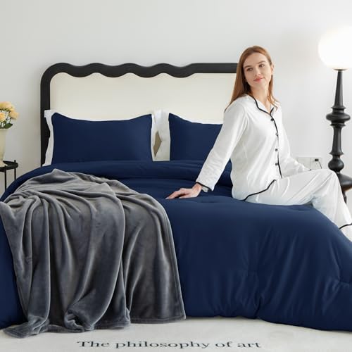 CozyLux Navy Blue Queen Comforter Set, 3 Pieces Solid Breathable Quilted Style Bedding Sets, Luxury Fluffy Soft Bed Set with Down Alternative Comforter for All Season (1 Comforter & 2 Pillowcases) CozyLux