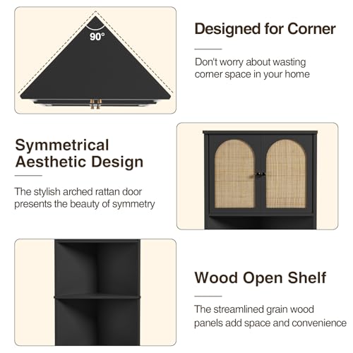 FiveWillowise 67''H Tall Corner Cabinet with Handmade Rattan Door, Rattan Storage Cabinet with Adjustable Shelves, Corner Bookshelf Space Saver for Barthroom, Kitchen, Living Room, Black FiveWillowise