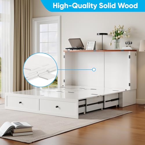 Mjkone 63" Width Queen Size Murphy Bed Cabinet with Charging Station, Mattress Included, Storage Cabinet Murphy Bed Chest Cabinets with Foldable Panel for Guest Small Spaces, Home Offices, White Mjkone