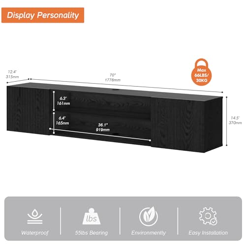 WMAPAT Modern Floating TV Stand with Electric Fireplace, Media Console for TVs up to 80", Wood Entertainment Center with 36" Fireplace TV Shelf Cabinet for Living Room, Bedroom, Black WAMPAT