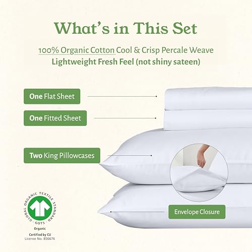 California Design Den King Size Sheets Set - Soft 100% Organic Cotton, Crisp Percale Sheets with Deep Pockets, Breathable and Durable Bedding Set - White California Design Den