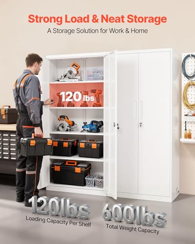 VEVOR Metal Storage Cabinet, Lockable Steel Garage Cabinet with Adjustable Shelves, 2 Magnetic Doors, 2 Keys, 5-Tiers Tool Storage Locker for Home, Office, School, Warehouse, Basement, Laundry, White VEVOR