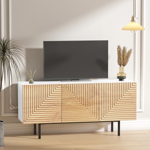 roomfitters Mid Century Modern TV Stand for TVs up to 65", Boho Sideboard Buffet Cabinet Credenza, Media Console Entertainment Center for Living Room, Poplar Wood Print Carved and Geometric Design roomfitters
