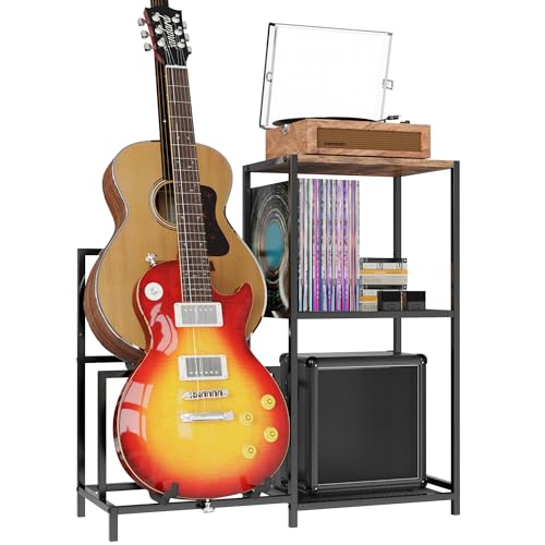 VGMiu Guitar Rack Multi Guitar Stand for Multiple Guitars, Multiple Guitar Rack Holder with Side Shelf for Acoustic, Electric Guitar, Bass, Record Player, Guitar Display Stand for Home Music Studio VGMiu