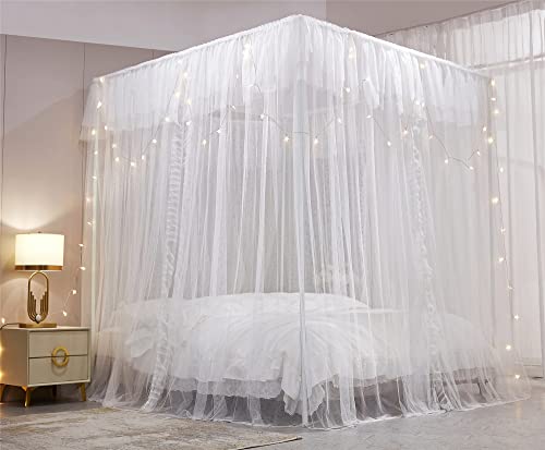 VETHIN 4 Corners Post Ruffle Princess Bed Canopy Curtain-Double Layer Cozy Drape Netting 4 Opening Mosquito Net for Girls Adults Bedroom Decoration (White/White, 53" W*78" L*82"*H/(Full))