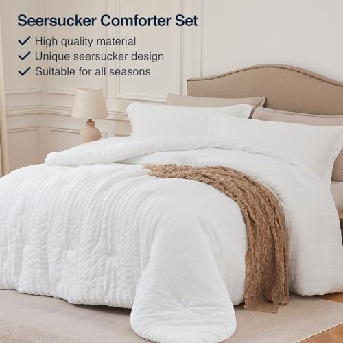 Quataly White Queen Comforter Set - 3 Pieces Seersucker Lightweight Bedding Comforter Sets (1 Soft Fluffy Comforter & 2 Pillowcases) - All Seasons Cozy Modern Bed Sets Quataly
