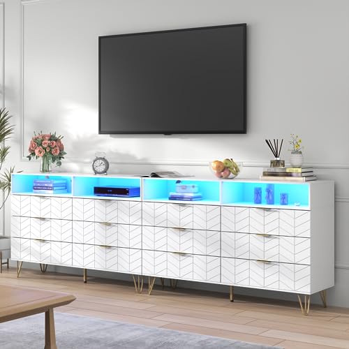 Loomie 6 Drawers Double Dresser with Power Outlet & LED Light,White Long Dresser Chests of Drawers with Storage Cubby,Wood Wide TV Dresser Stand for up to 55" for Bedroom,Hallway,Entryway Loomie
