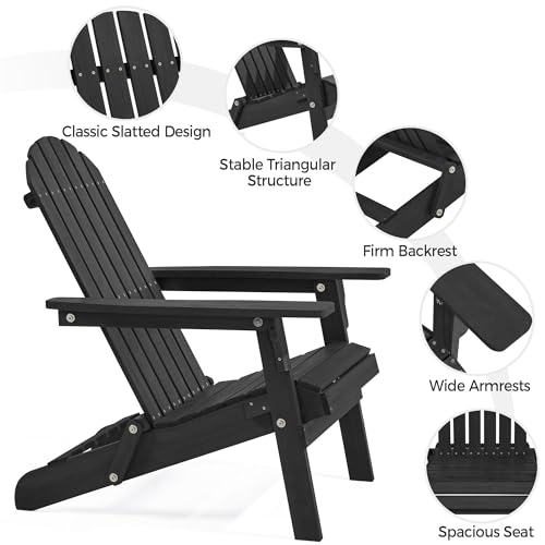 Yaheetech Folding Adirondack Chair Set of 4 Outdoor, 300LBS Solid Wood Garden Chair Weather Resistant, Fire Pit Lounge Chairs for Garden/Yard/Patio/Lawn, Black Yaheetech