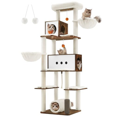 Feandrea Cat Tree, 77.5-Inch Tall Modern Cat Tower, Multi-Level Cat Condo with 2 Caves, 2 Baskets, 4 Scratching Posts, Self-Groomer, Tunnel, Perch, for Indoor Cats, Rustic Brown UPCT193X01