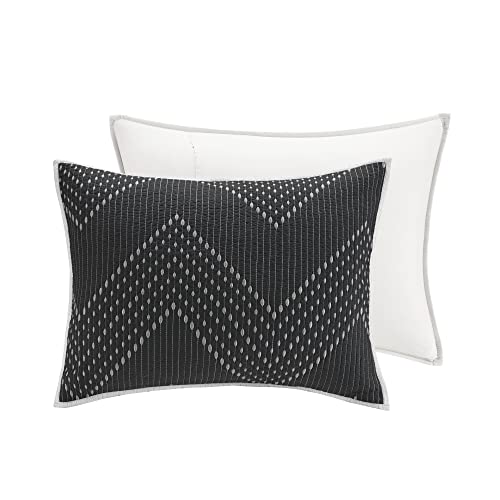 Ink+Ivy Reversible Cotton Quilt Set - Trendy Chevron Design Summer Cover Breathable Coverlet, Lightweight All Season Bedding Layer for Winter, Matching Shams, Full/Queen(88"x92"), Black 3 Piece INK+IVY