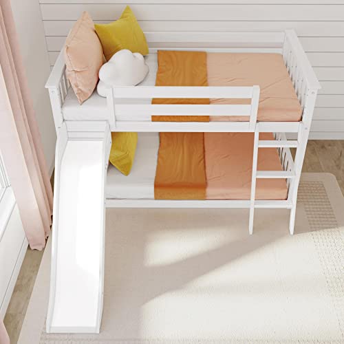 Max & Lily Solid Wood Twin Over Twin Size Low Bunk Beds for Kids with Slide and Ladder, 400 lbs Weight Capacity, 14" Safety Guardrail, Anti-Slip Steps, White Max & Lily