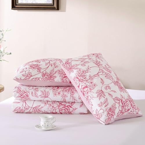 JANZAA Full Size Comforter Set Pink Comforter Floral Peony Pattern Bedding Sets 3 Pieces Flowers Soft Lightweight Warm Breathable 1 Bed Comforter (79"x90") with 2 Pillow Shams(20"x26") JANZAA