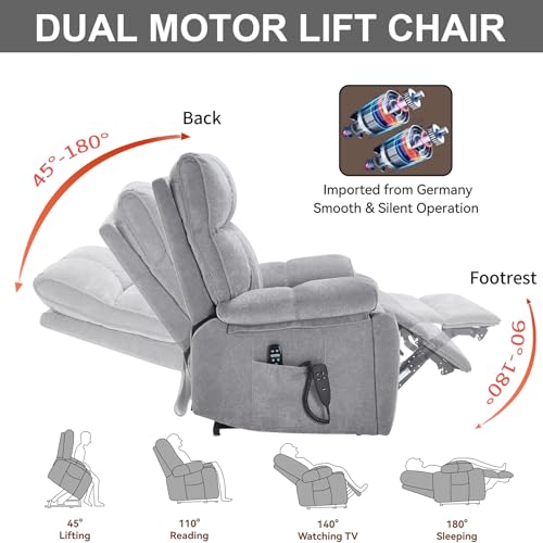RHHVVR Oversized Power Lift Recliner Chair with Massage and Heating, 24.8" W Big Lay Flat Lift Recliner for Elderly, Medium-Firm Electric Recliners with Hidden Cup Holders,Gray RHHVVR