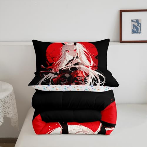 Erosebridal Twin Japanese Anime Bedding Set for Kids, Anime Girl Comforter Set Kawaii Japanese Style Duvet Insert Cartoon Japan Animation Quilt for Boys Teens Adult Women Bedroom, Red Black Erosebridal