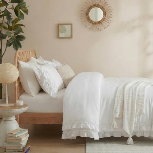 Merryword 100% Cotton Ruffled Comforter Set Queen, White Shabby Chic Farmhouse Bedding Set French Country Cute Comforter Set Merryword