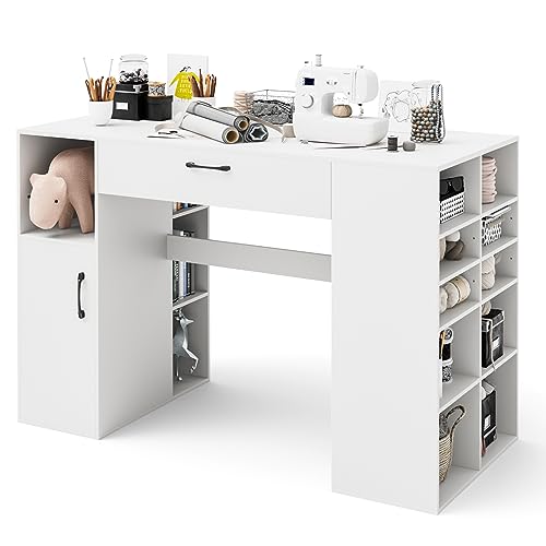 COSTWAY 36” Counter Height Sewing Table, 53 Inch Artwork Craft Table with 14 Open Compartments, 3-Position Adjustable Shelf, 1 Drawer & Cabinet, Project Center Desk Drafting Sewing Workstation, White COSTWAY