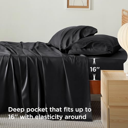 Bedsure Full Size Bed Sheets, Cooling Sheets, Rayon Derived from Bamboo, Breathable & Soft, Deep Pocket Up to 16 Inches, Hotel Luxury Silky Bedding for Hot Sleepers, Black Bedsure