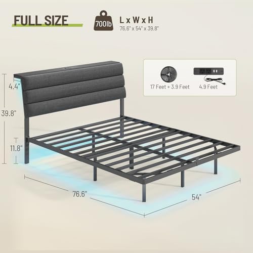 STHYTON Floating Bed Frame Full, Platform Bed with LED Lights & Charging Station, Ergonomic Storage Headboard, Heavy Duty Metal Slats, No Box Spring Needed, Easy Assembly, Dark Gray STHYTON