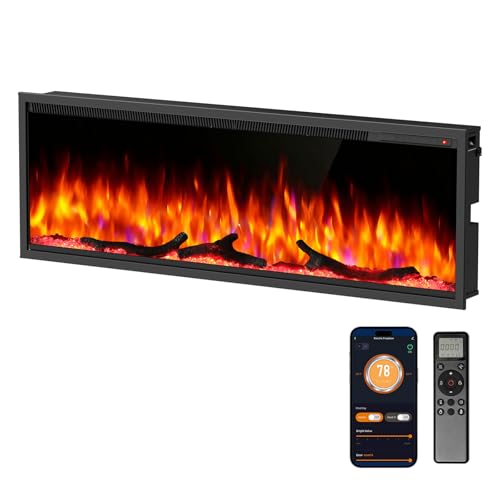 R.W.FLAME 50 Inch Smart Electric Fireplace Recessed and Wall Mounted with Adjustable Flame Colors and Speed, Alexa/WiFi Enabled, APP Control with Multiple Sound Modes, Log & Crystal Options R.W.FLAME