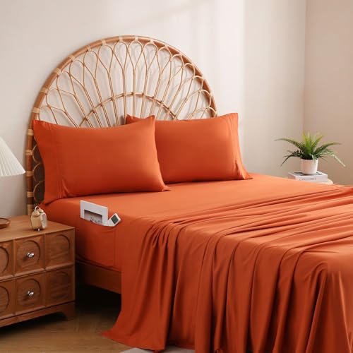 JSD Burnt Orange Queen Sheet Set with Side Pocket Corner Straps, 4 Piece Soft Microfiber Bed Sheets Extra Deep Pocket JSD