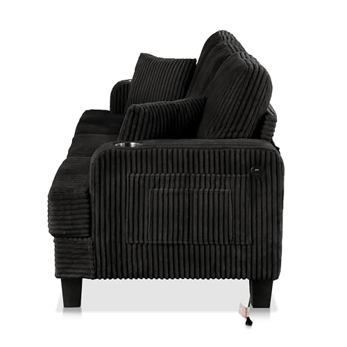 HOMES: Inside + Out Reese Modern Plush Chenille Couch with Side Pockets, Cup Holders and USB Ports, Wooden Comfortable Sofa for Living Room, Bedroom and Office, Black HOMES: INSIDE + OUT