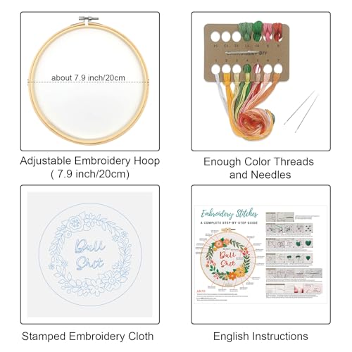 Louise Maelys Funny Embroidery Kits for Beginners,Cross Stitch Kit with Adults,DIY Arts Craft with Flower Wreath Pattern,Including Cloth,Hoop,Instructions and Threads