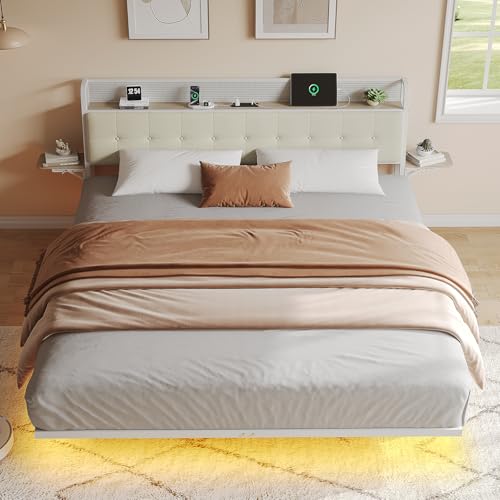 Salamir King Size Bed Frame with LED & Charging Station, Floating Bed Frame, Upholstered Headboard with Folding Shelves Storage, Metal Slats Support, No Box Spring Needed, Easy Assembly, White Salamir
