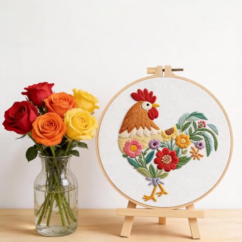 Herdiese Beginner Embroidery Kit for Adults – Rooster & Flower Pattern with Hoop, Cotton Threads, Needles, Scissors & Video Tutorials – Complete Craft Set for Beginners, Creative Gift Idea