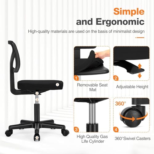 Sweetcrispy Small Office Desk Chair, Ergonomic Low-Back Mesh Rolling Work Swivel Chairs with Wheels, Armless Comfortable Seat Lumbar Support for Home, Bedroom, Study, Student, Adults,Classic Black Sweetcrispy