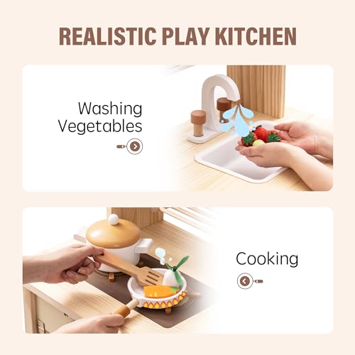 ROBUD Wooden Play Kitchen for Kids Toddlers, Kids Kitchen Playset with Realistic Accessories, Toy Kitchen Set with Plenty of Play Features, Modern Style Toy Kitchen for Girls & Boys, 3+, Caramel ROBUD